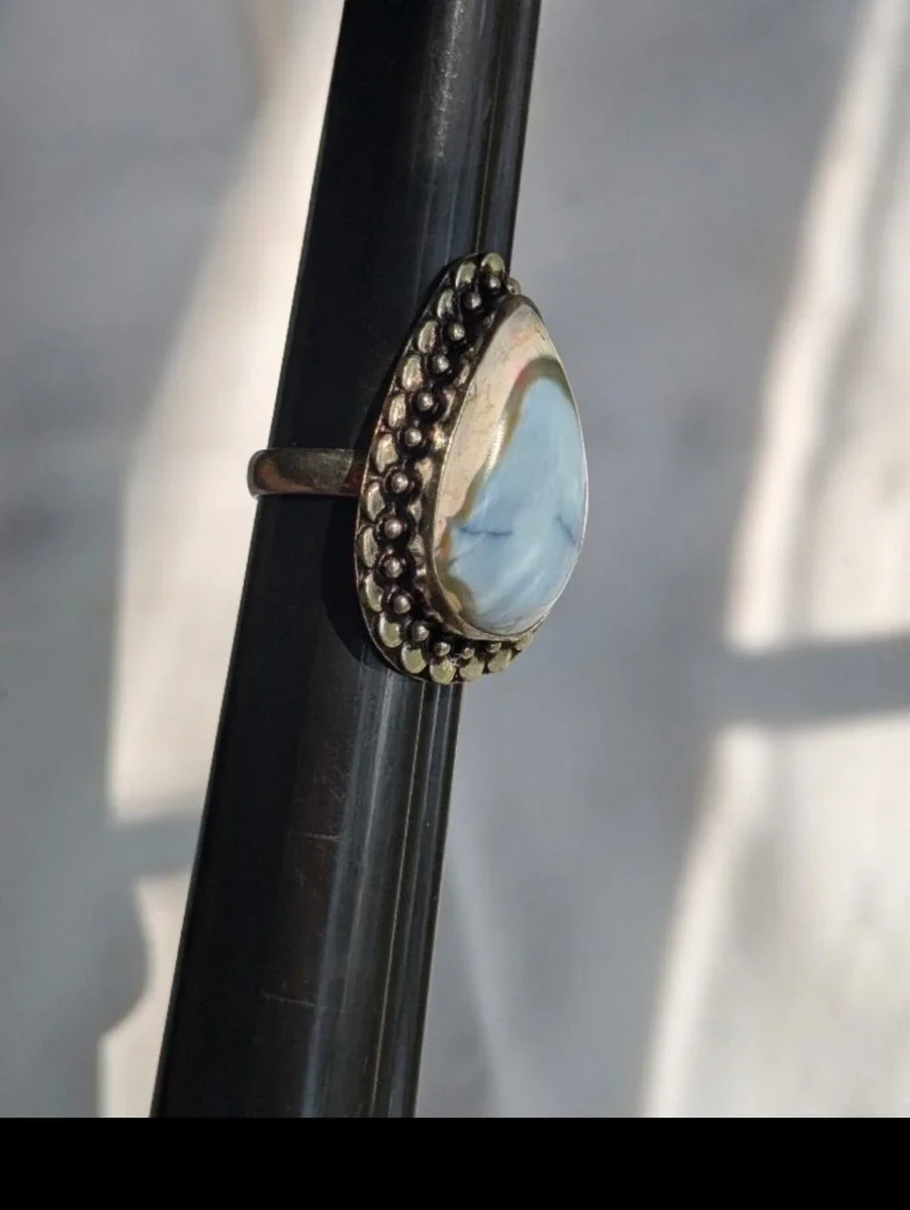 Rare Handcrafted Eye of Owyhee Opal Teardrop Ring (Size 7.25)